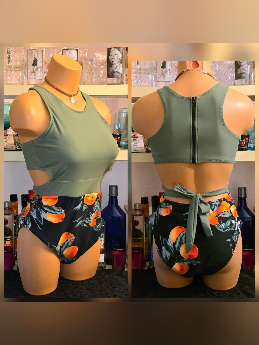 Cupshe One Piece Swimsuit M. Moss Green Oranges Hi-cut Shelf Bra With Pads EUC